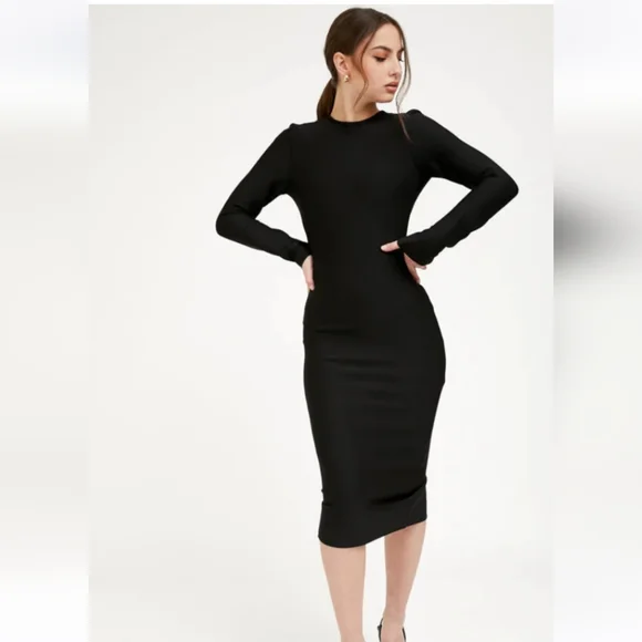 black fitted pencil dress Karen Millen Structured Crepe Long Sleeve Tailored Pencil Midi Dress in Black